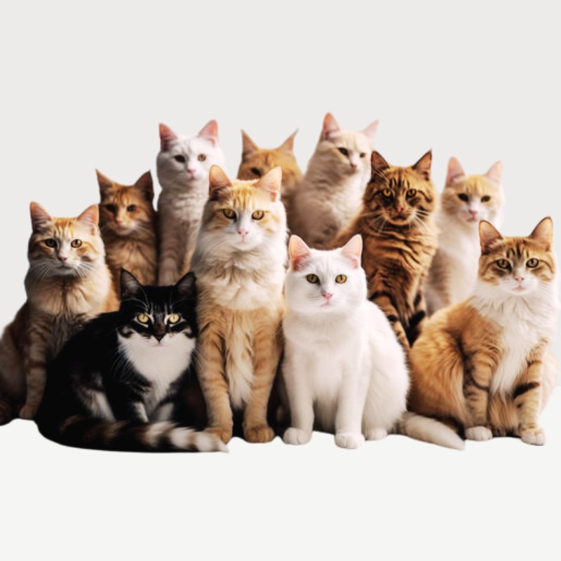 Group of twelve different cats sitting together, highlighting a variety of cat breeds for Pawsely.com pet supplies and accessories.