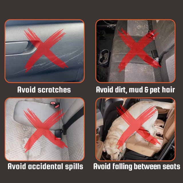 Image highlighting the benefits of the Pawsely Pup-tastic Car Backseat Cover & Extender, including avoiding scratches, dirt, mud, pet hair, accidental spills, and falling between seats.