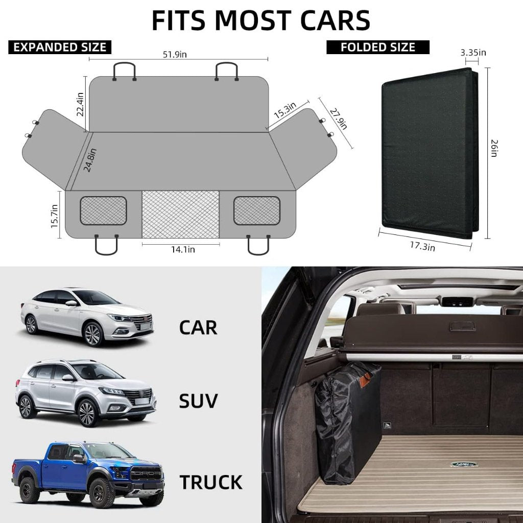 Dimensions of Pawsely Pup-tastic Car Backseat Cover & Extender, showing expanded and folded sizes, suitable for cars, SUVs, and trucks.