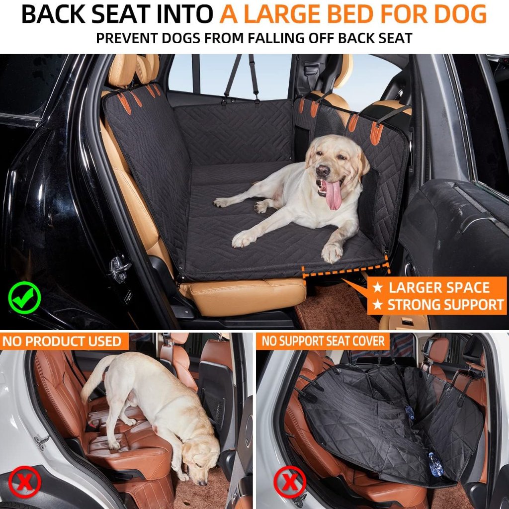 Pawsely Pup-tastic Car Backseat Cover & Extender transformed into a large bed for dogs, providing larger space and strong support to prevent dogs from falling off the back seat.