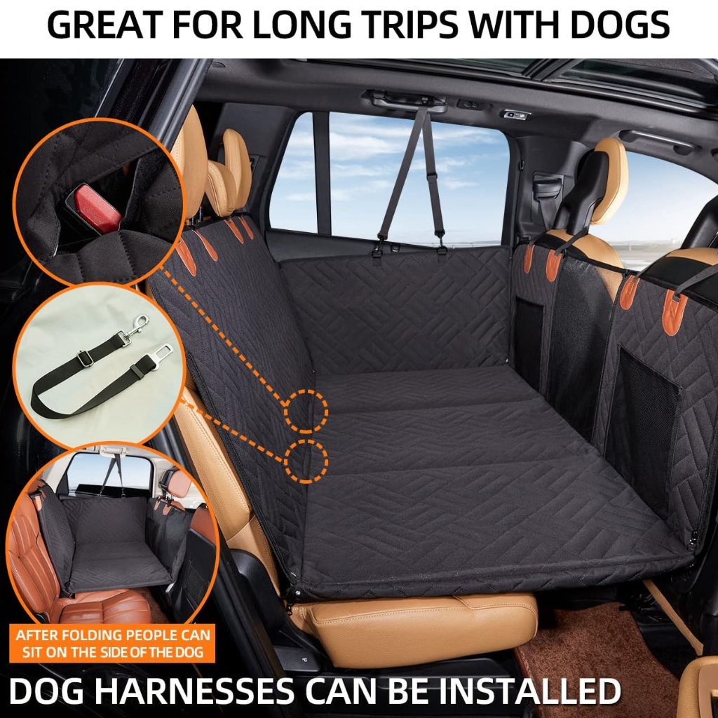 Pawsely Pup-tastic Car Backseat Cover & Extender ideal for long trips with dogs, featuring harness installation points for added safety.