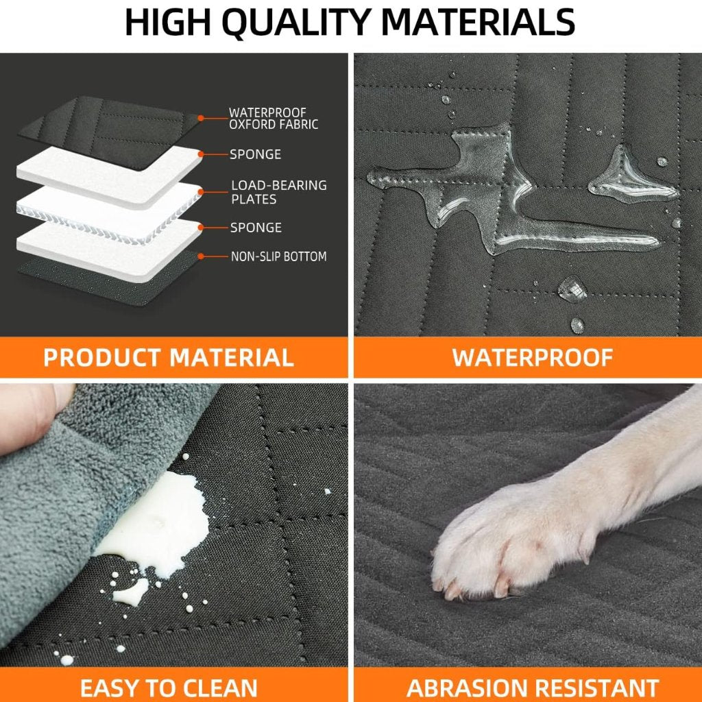 High-quality materials of Pawsely Pup-tastic Car Backseat Cover & Extender, showcasing waterproof fabric, easy-to-clean surface, abrasion resistance, and non-slip bottom.