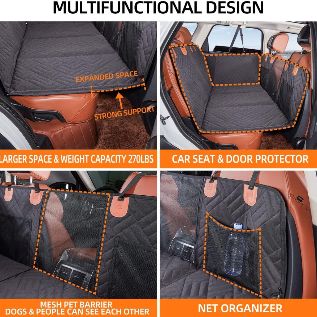 Multifunctional design features of Pawsely Pup-tastic Car Backseat Cover & Extender, including expanded space, car seat and door protector, mesh pet barrier, and net organizer.